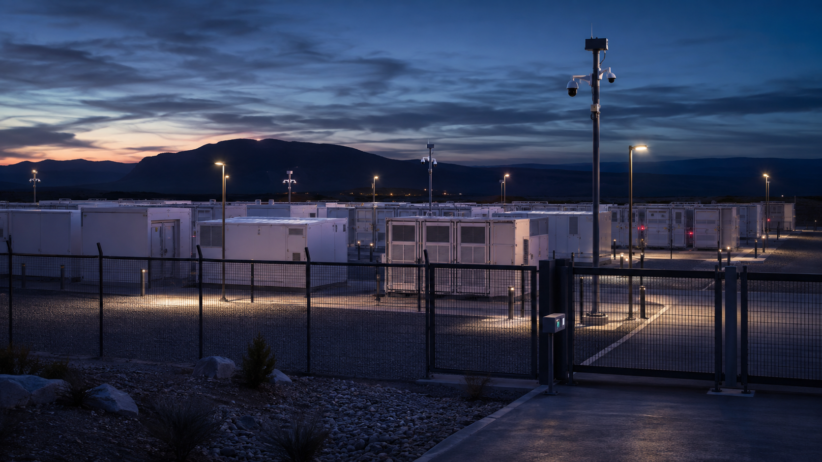 Secure energy facility at dusk representing critical power infrastructure protection