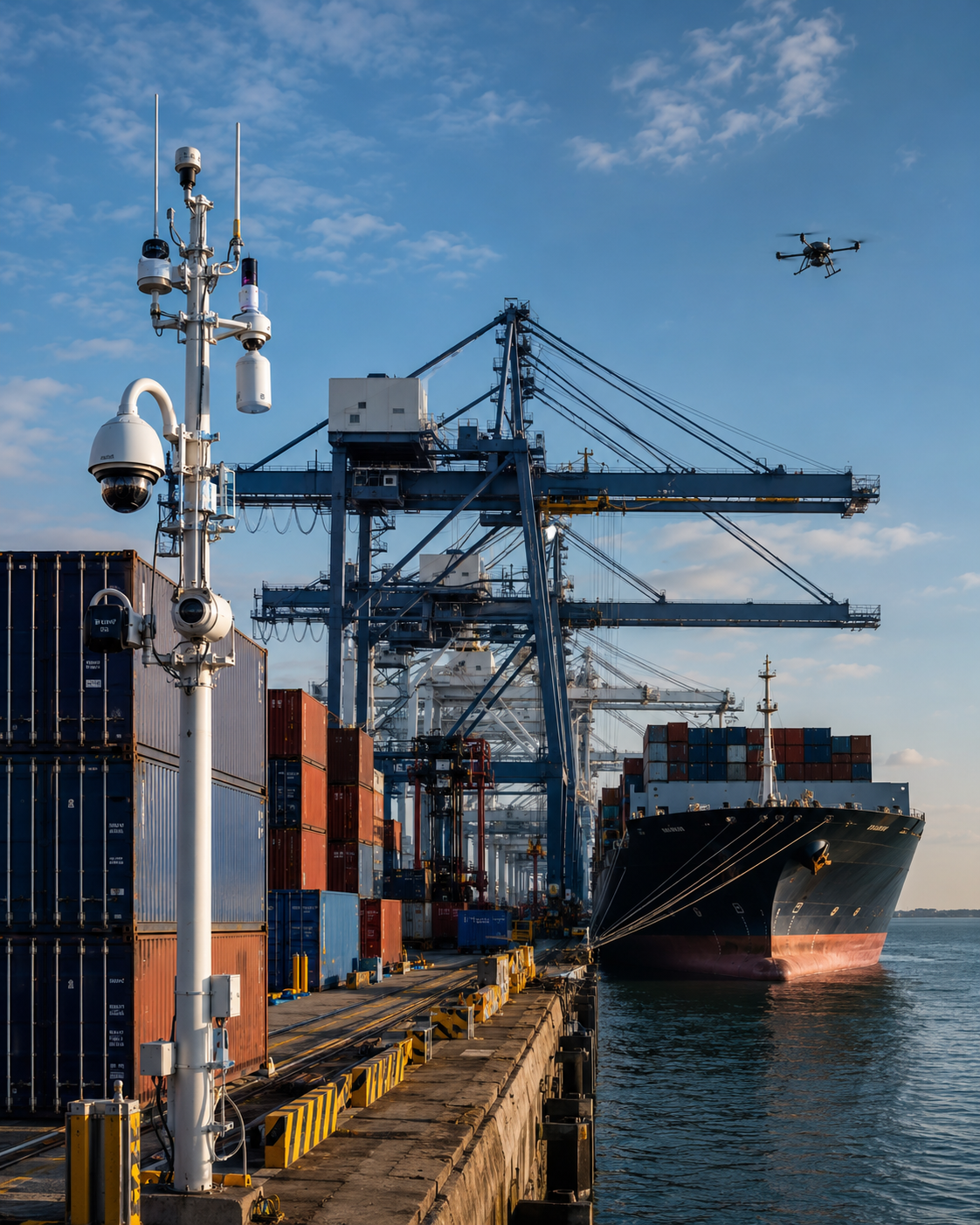 Container port protected by maritime and landside security systems