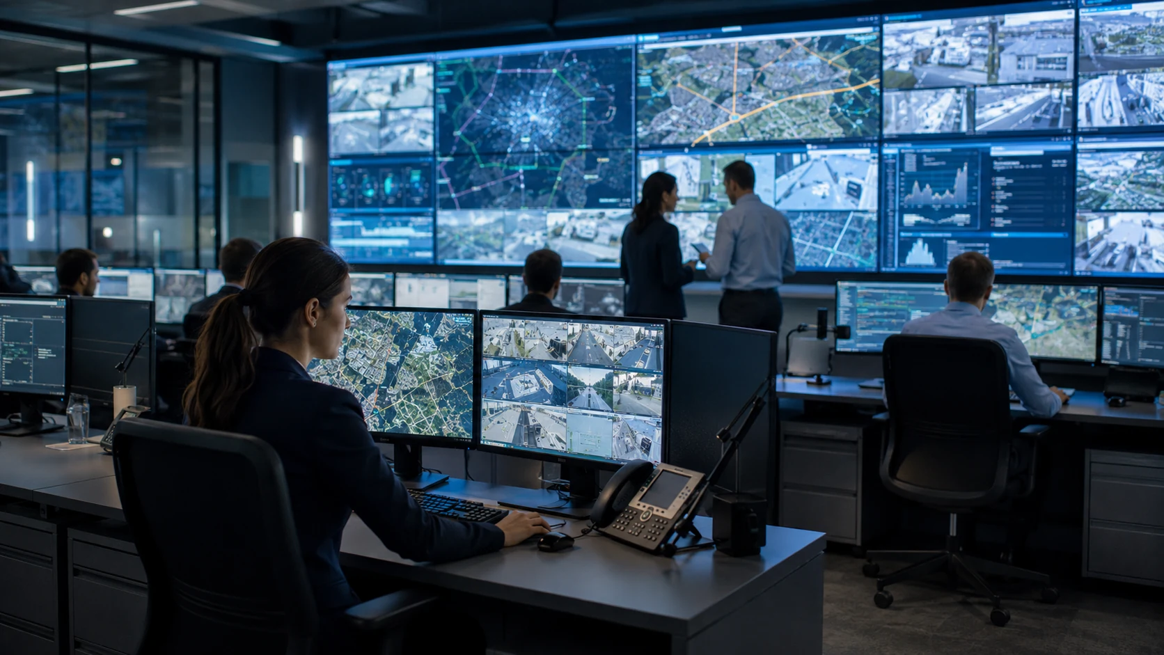 Security operations center with VMS and PSIM command and control displays